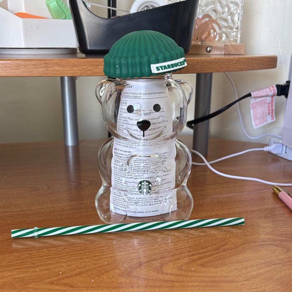 Starbucks Clear Bear Bottle with Green Beanie Lid and Green-White Straw